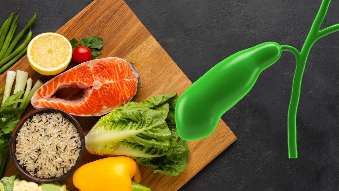 Frutas e verduras sobre a mesa, para falar sobre a dieta para pedras na vesícula