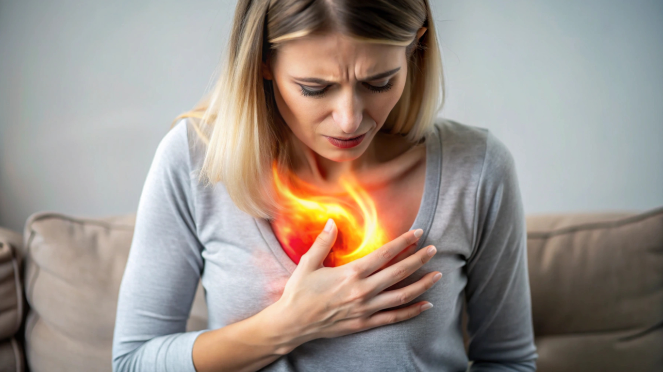 Mulher com a mão no peito, sofrendo com o refluxo gastroesofágico